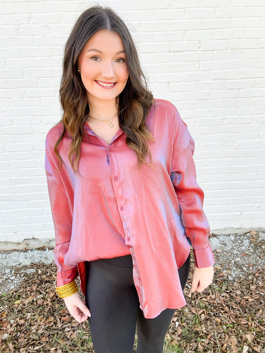 Rust Lurex Button-Up Top
