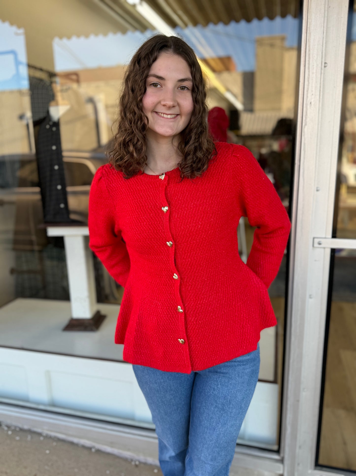 Red Heart Button Sweater