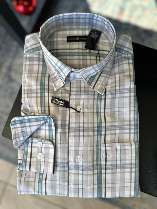Long Sleeve Plaid Button Up - Grey