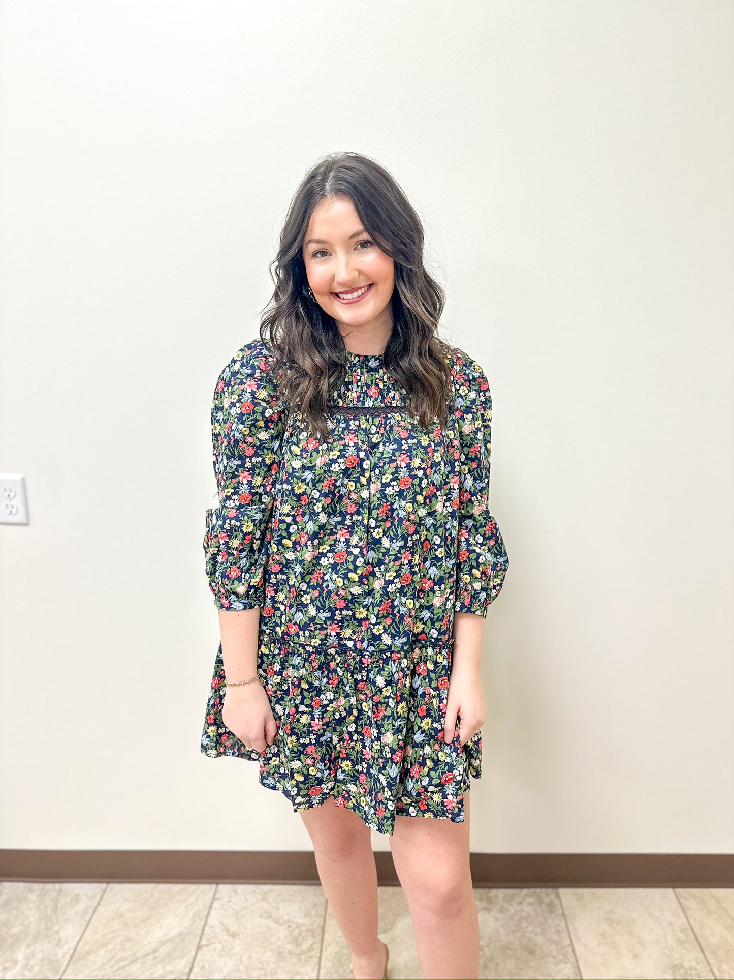 Floral Pintuck Long Sleeve Dress