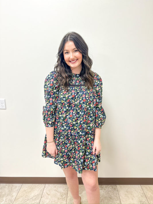 Floral Pintuck Long Sleeve Dress