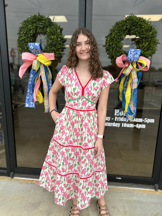Pink/Red Flower Midi Dress