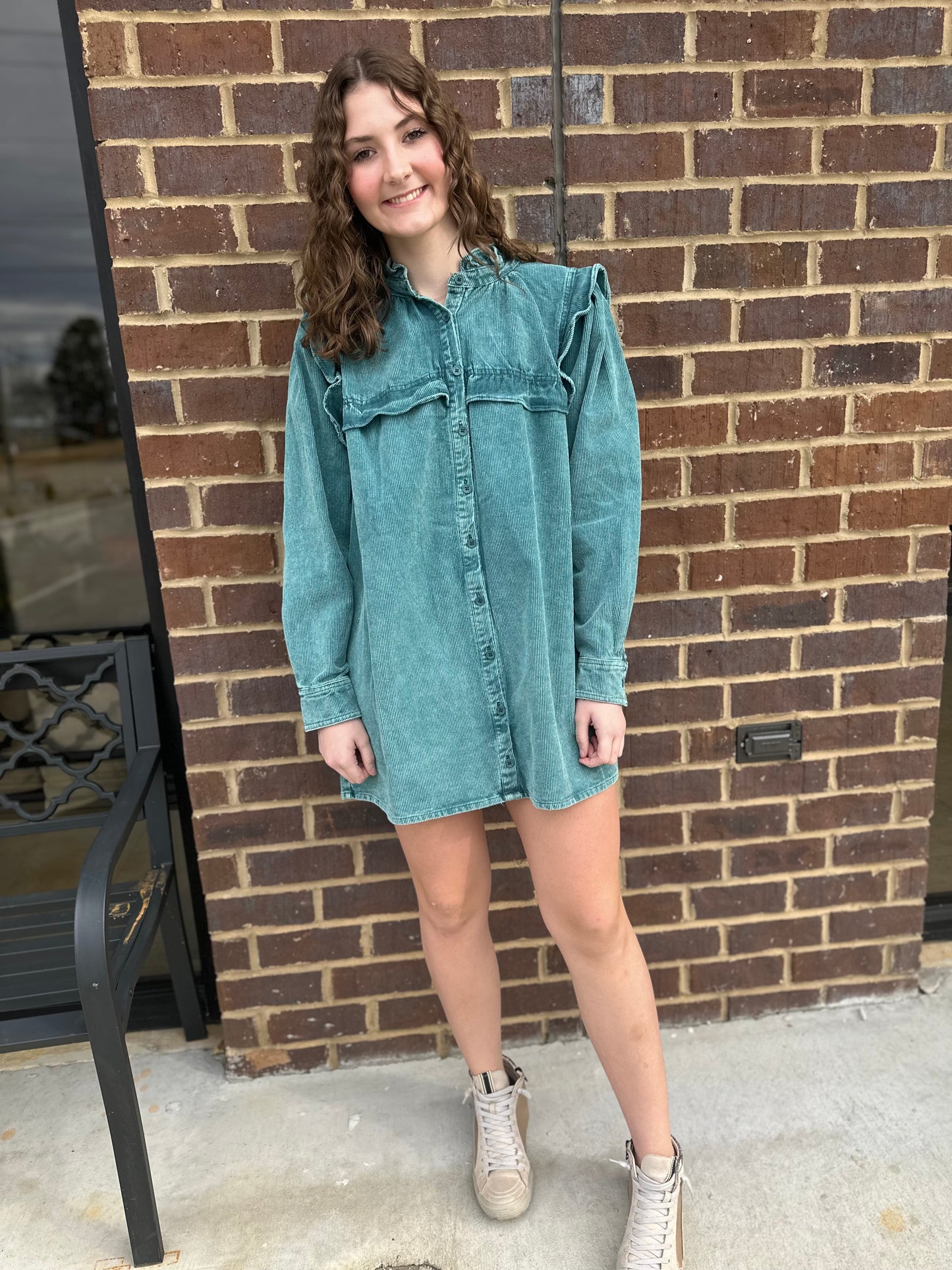Teal Corduroy Ruffle Dress