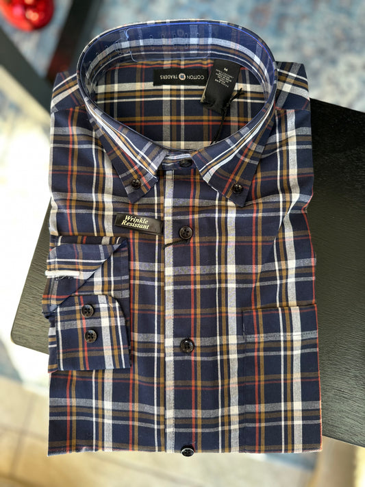 Long Sleeve Plaid Button Up - Navy