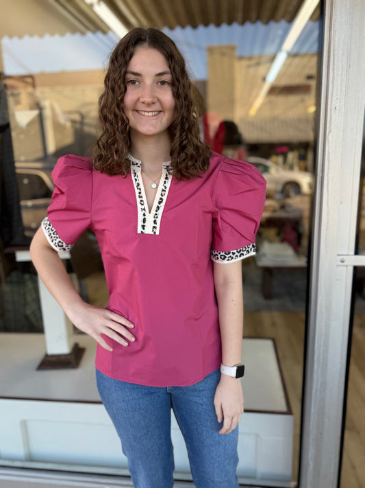 Leopard Trim Puff Sleeve Top