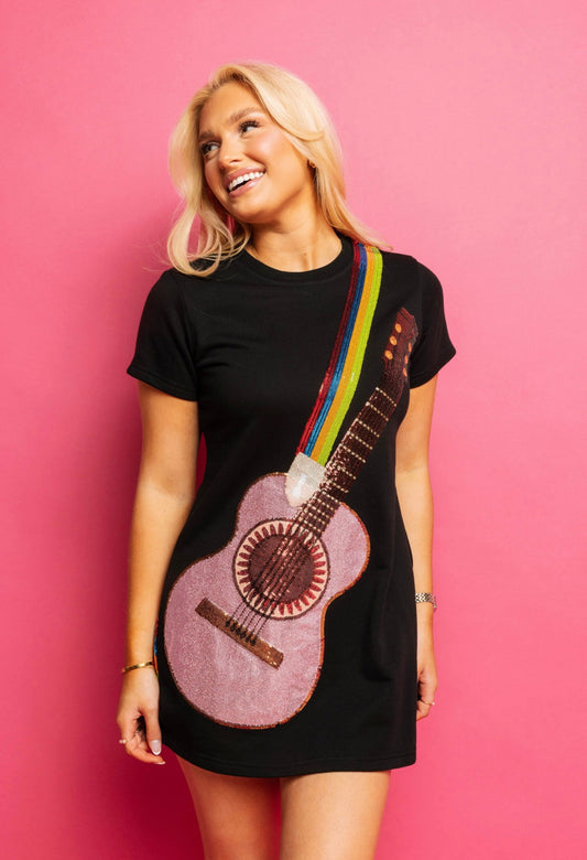 Queen of Sparkles Black Guitar Strap Tee Dress