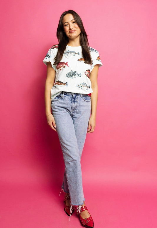 Queen of Sparkles Mint Multi Fish Tee