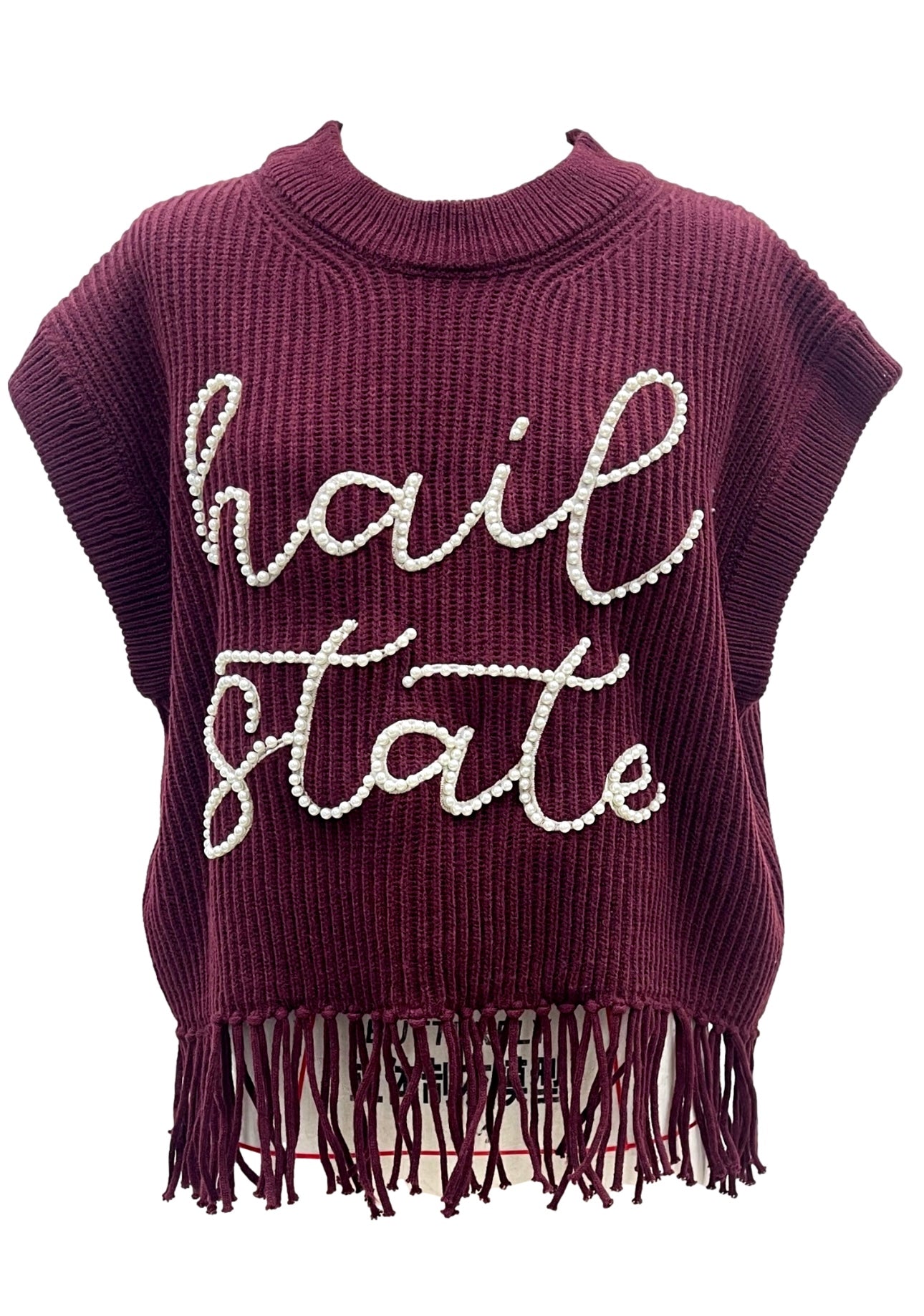 Queen of Sparkles Maroon Hail State Fringe Sweater Vest