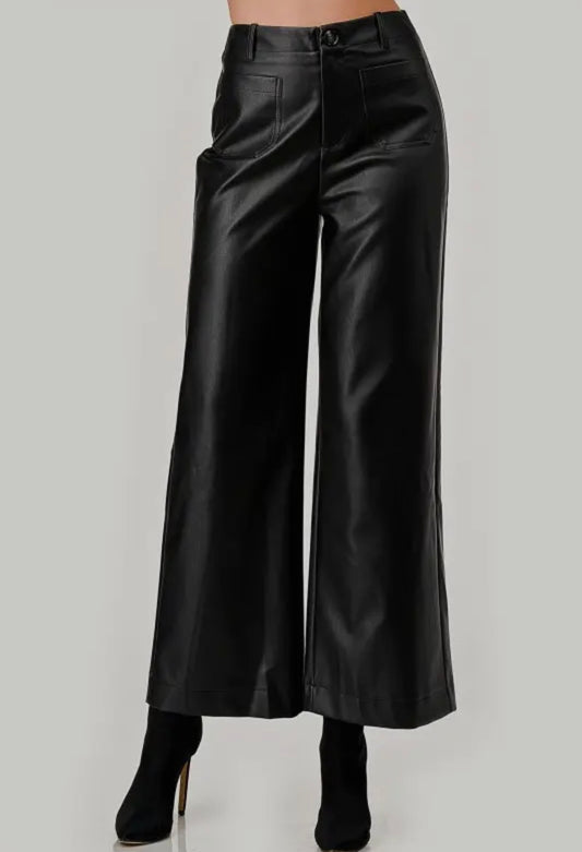 Black Faux Leather Wide-Leg Pants