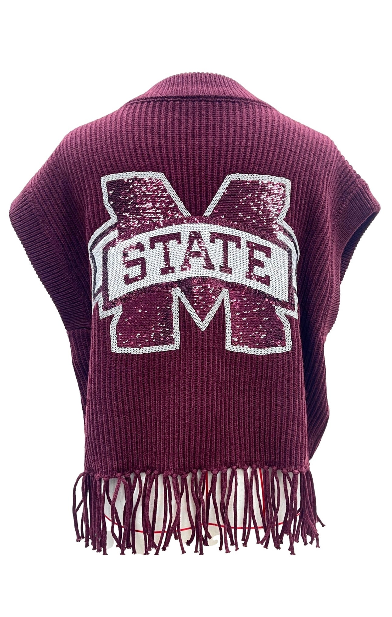 Queen of Sparkles Maroon Hail State Fringe Sweater Vest