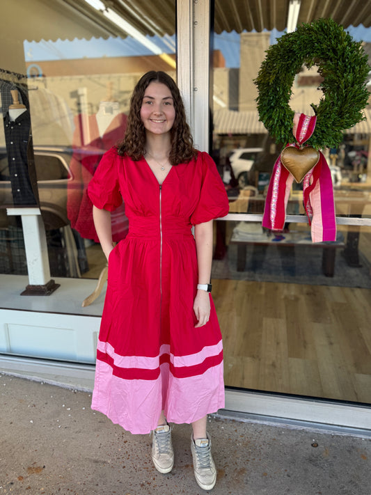 Red & Pink Zip Midi Dress