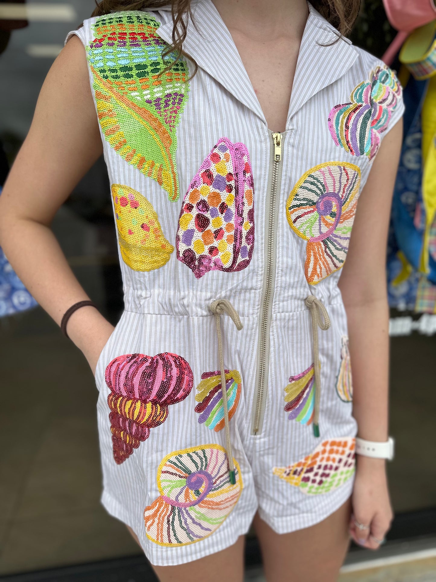 Queen of Sparkles Tan Stripe Multi Shell Romper