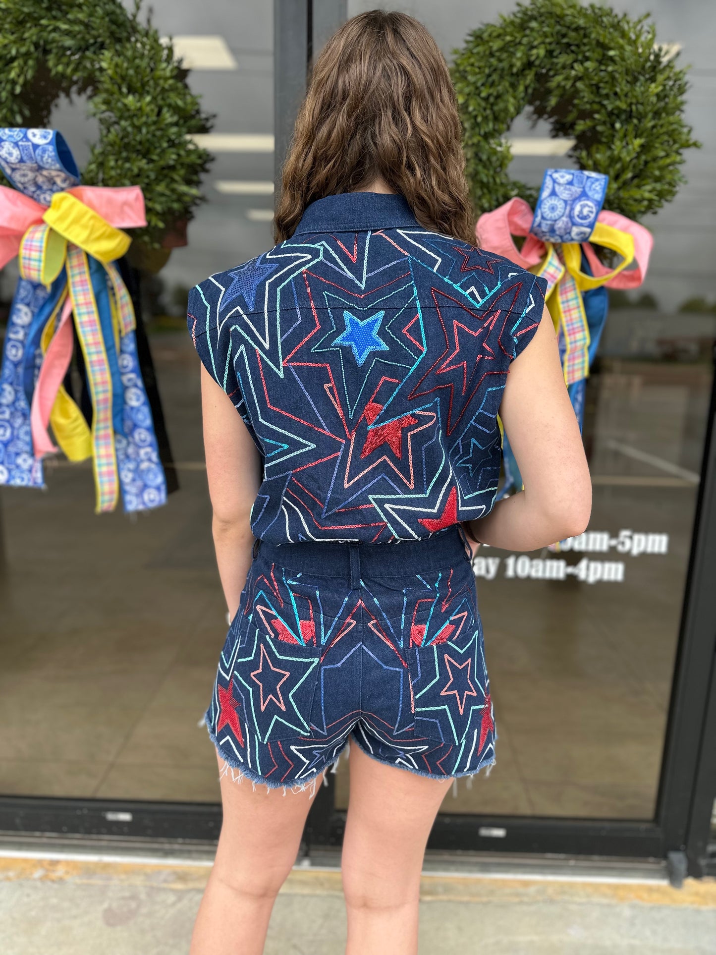 Queen of Sparkles Denim Groovy Star Romper