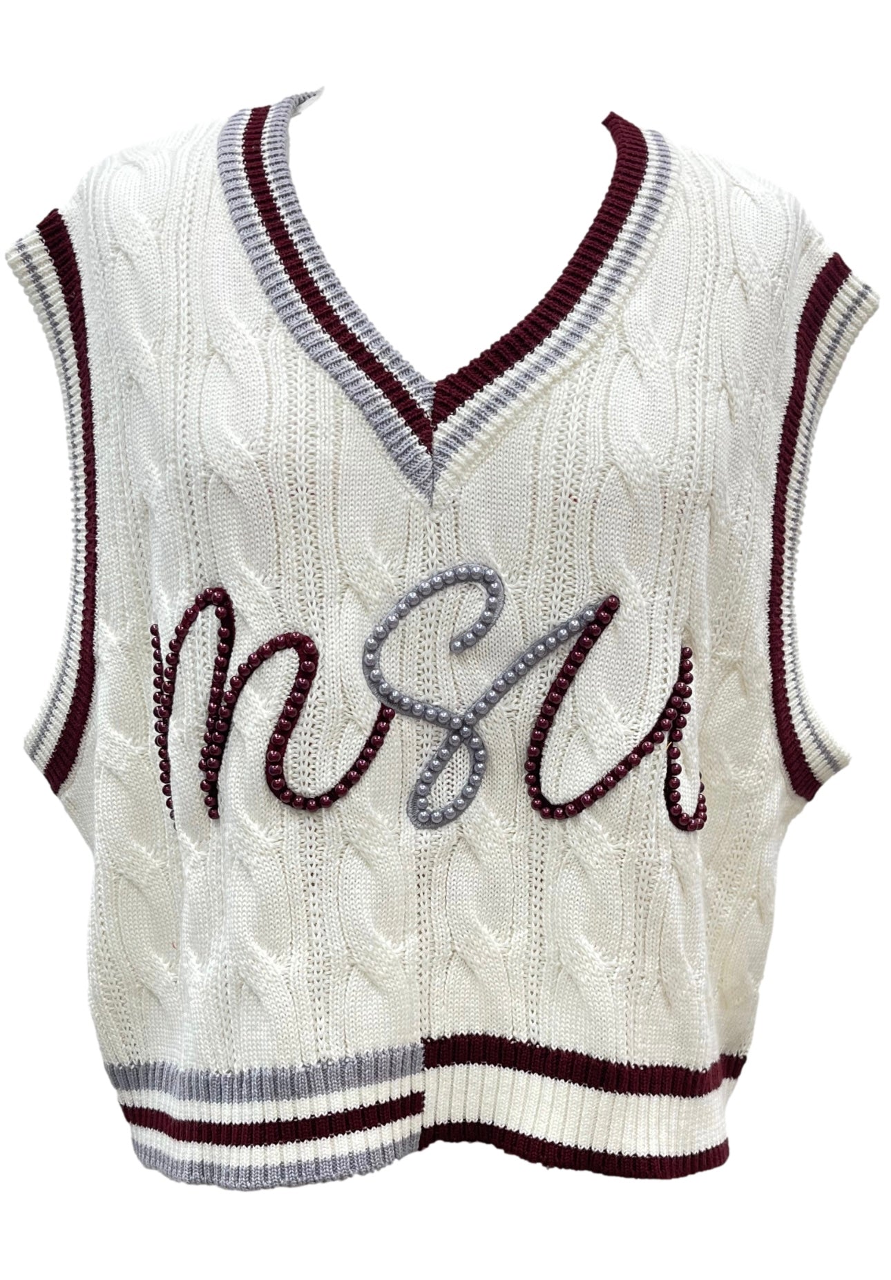 Queen of Sparkles White, Maroon & Grey Pearl MSU Sweater Vest