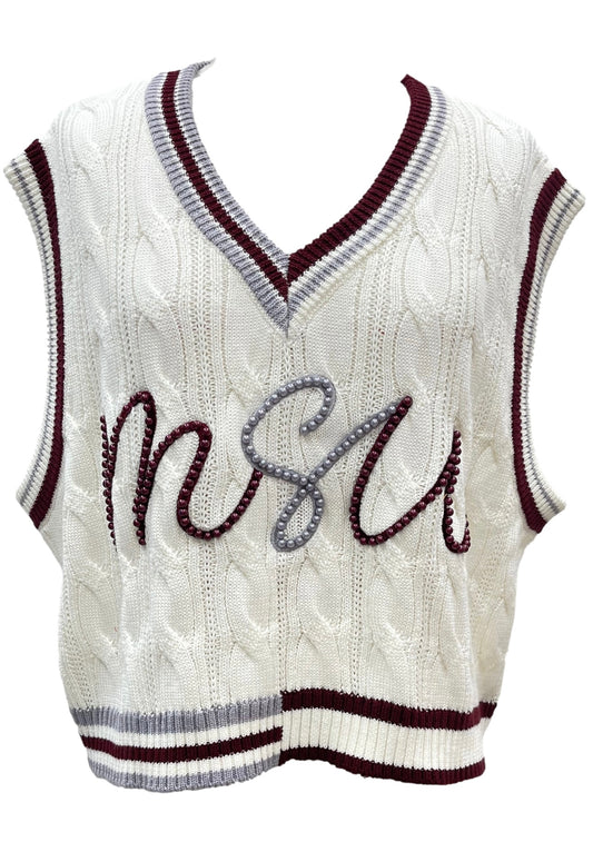 Queen of Sparkles White, Maroon & Grey Pearl MSU Sweater Vest