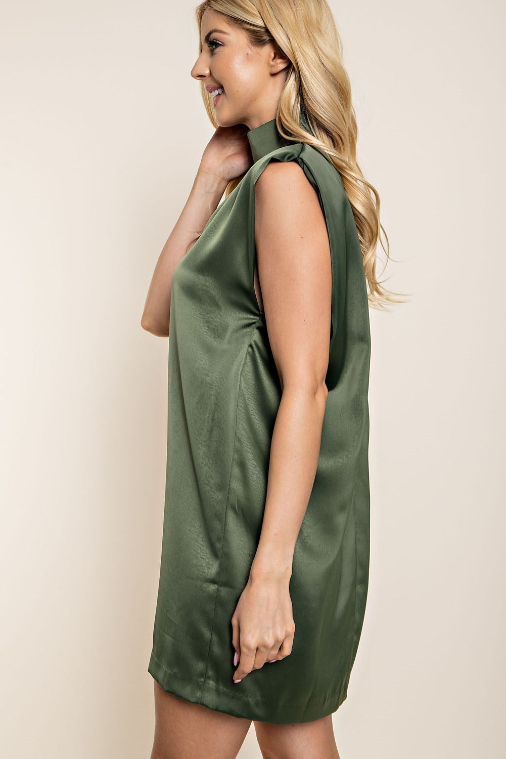 Olive Shoulder Pad Satin Dress