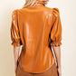 Camel Leather Button-Up Top