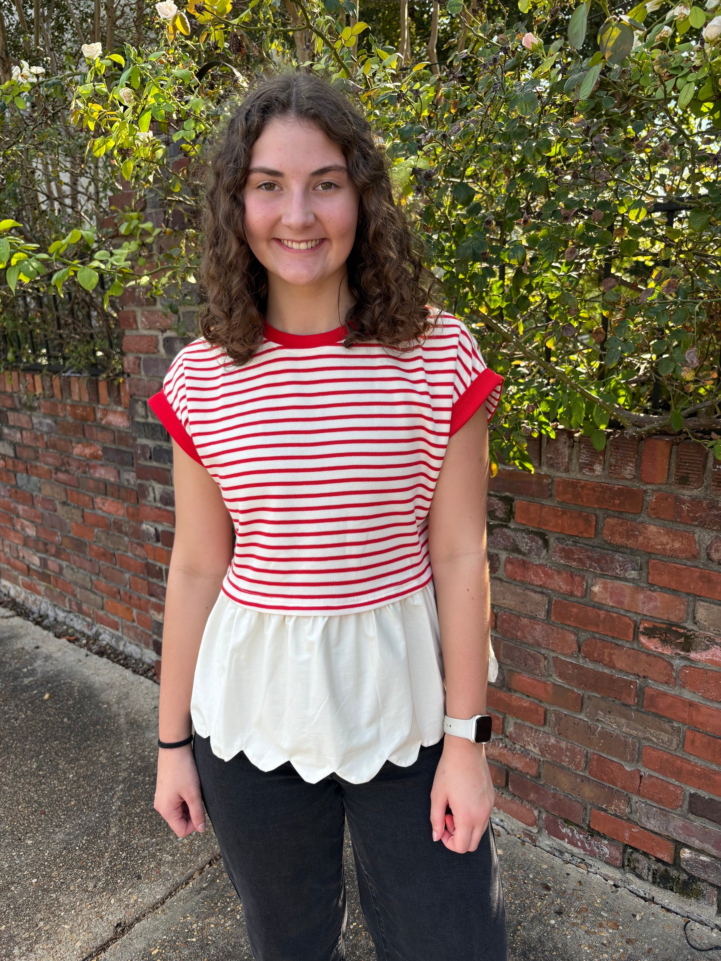 Red Stripe Scallop Top