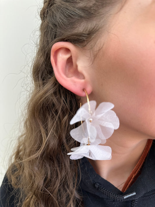 White Flower Hoop Earrings