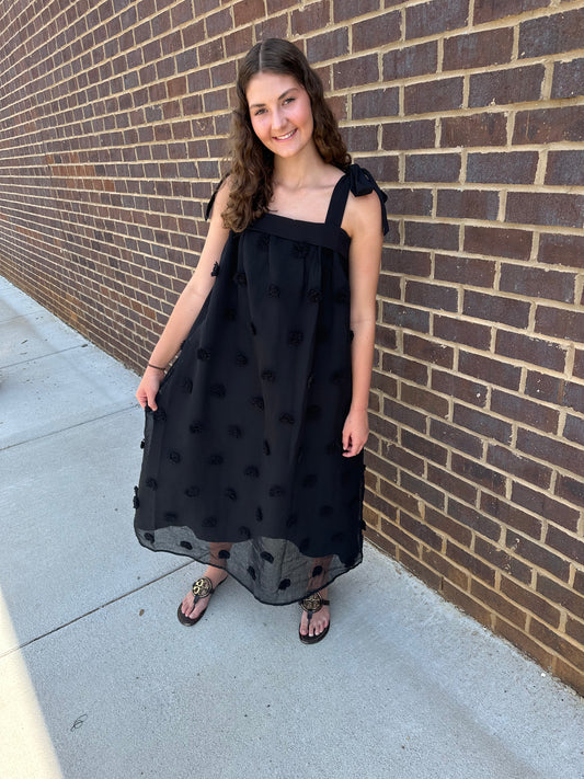 Shoulder Tie Black Midi Dress