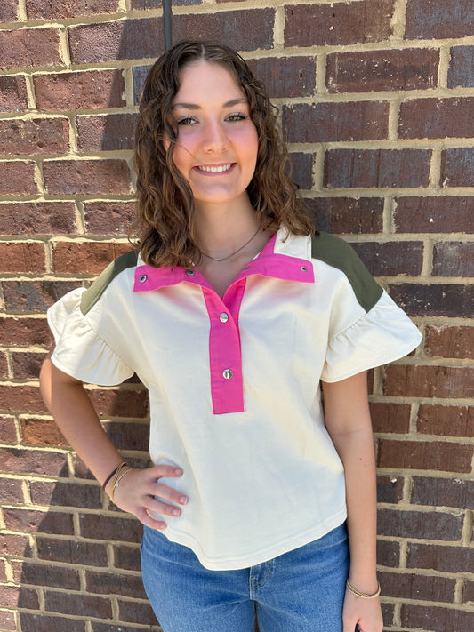 Cream/Olive French Terry Top