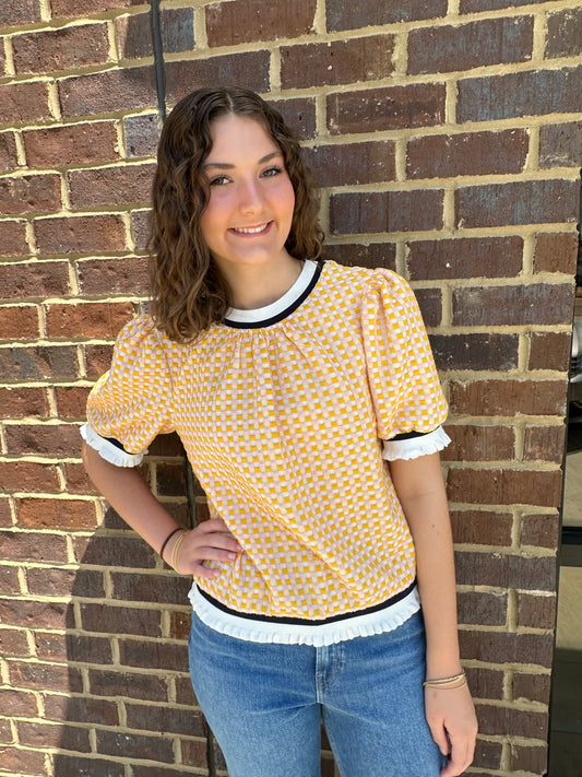 Mustard Gingham Knit Top
