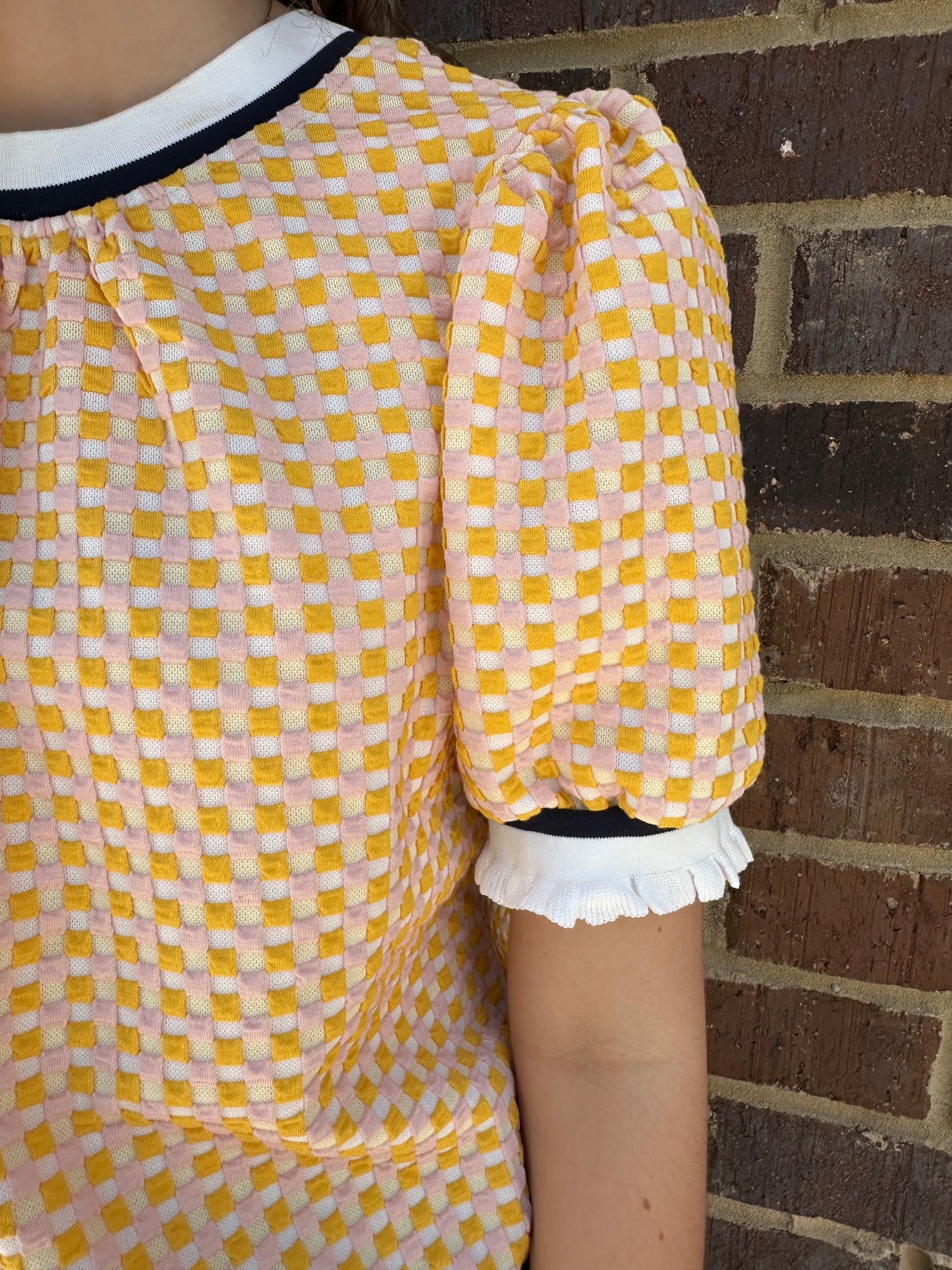 Mustard Gingham Knit Top