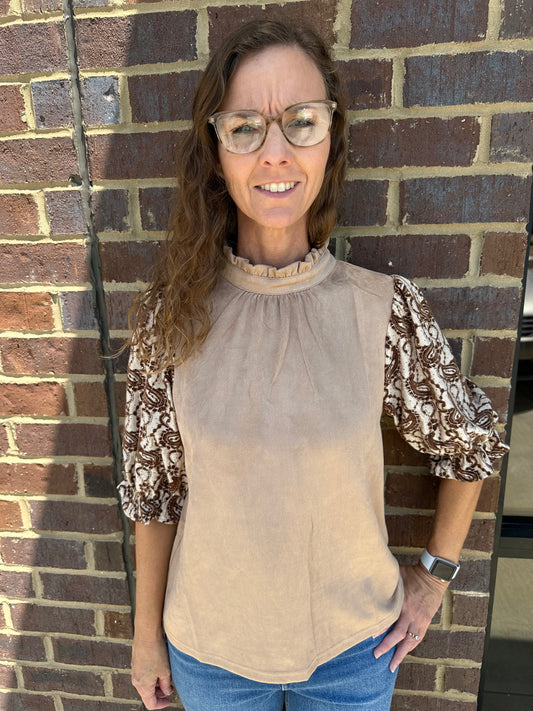 Paisley Sleeve Taupe Suede Top