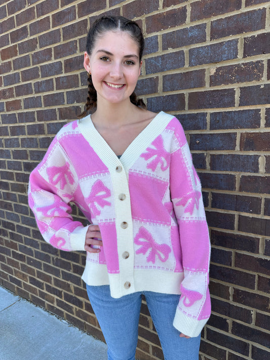 Pink Checkered Bow Cardigan