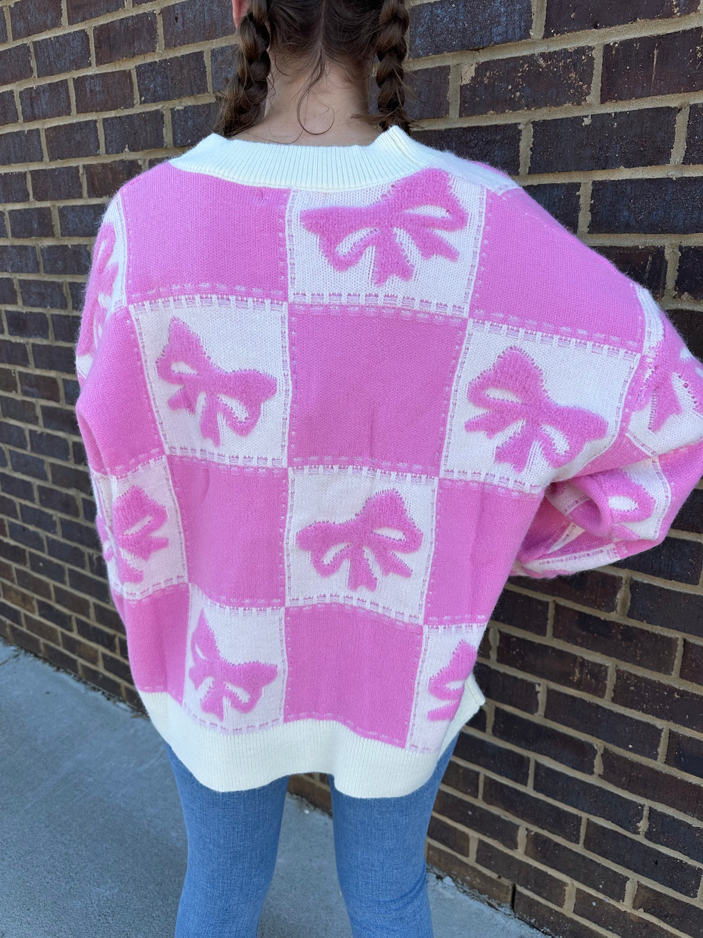 Pink Checkered Bow Cardigan
