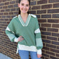 Green V-Neck Contrast Oversized Sweater