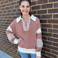 Rose V-Neck Contrast Oversized Sweater