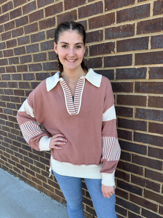 Rose V-Neck Contrast Oversized Sweater