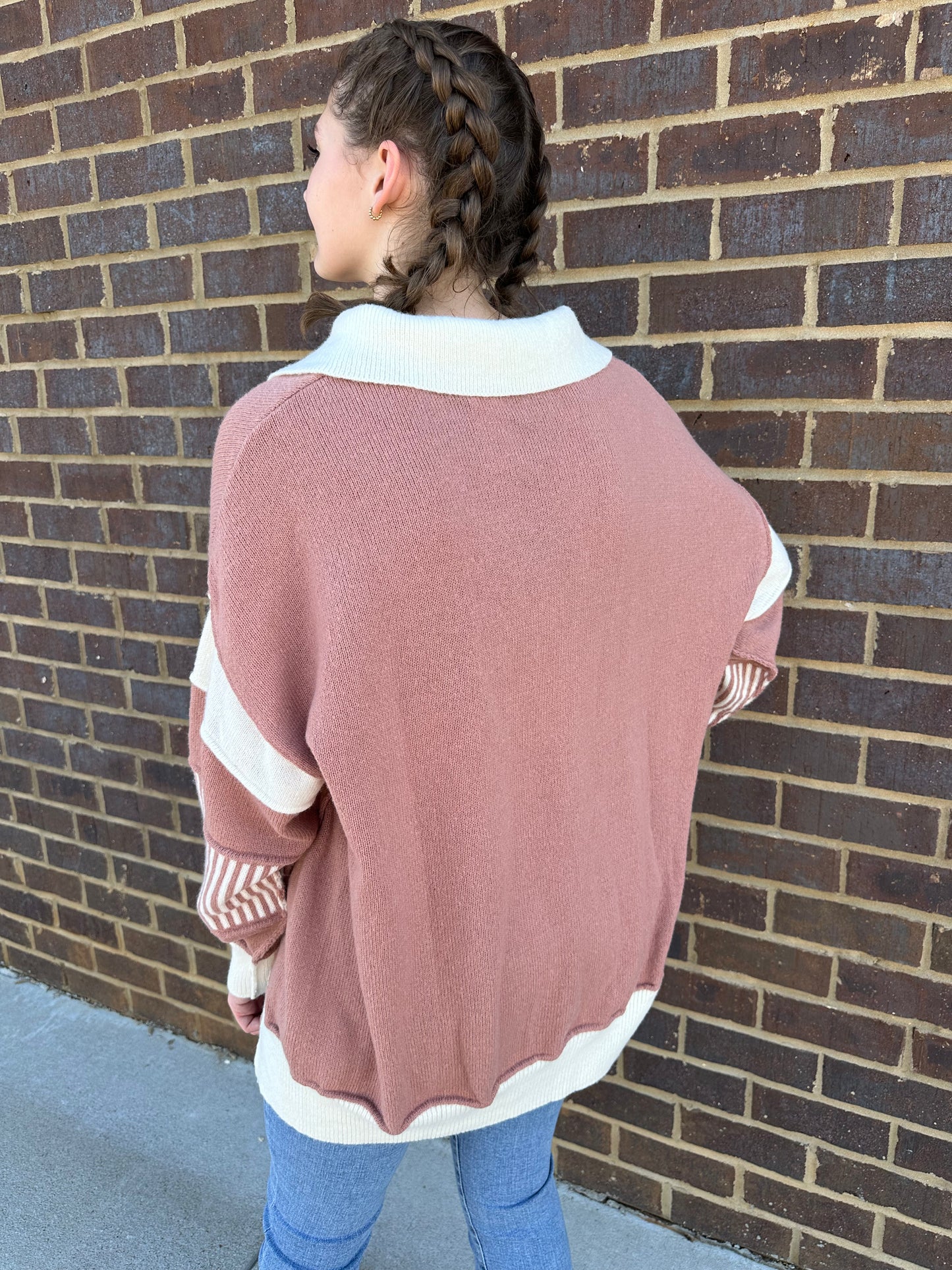 Rose V-Neck Contrast Oversized Sweater