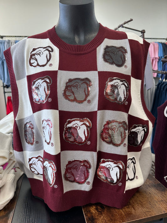 Queen of Sparkles Maroon & Grey Checkered MS State Bulldog Tank