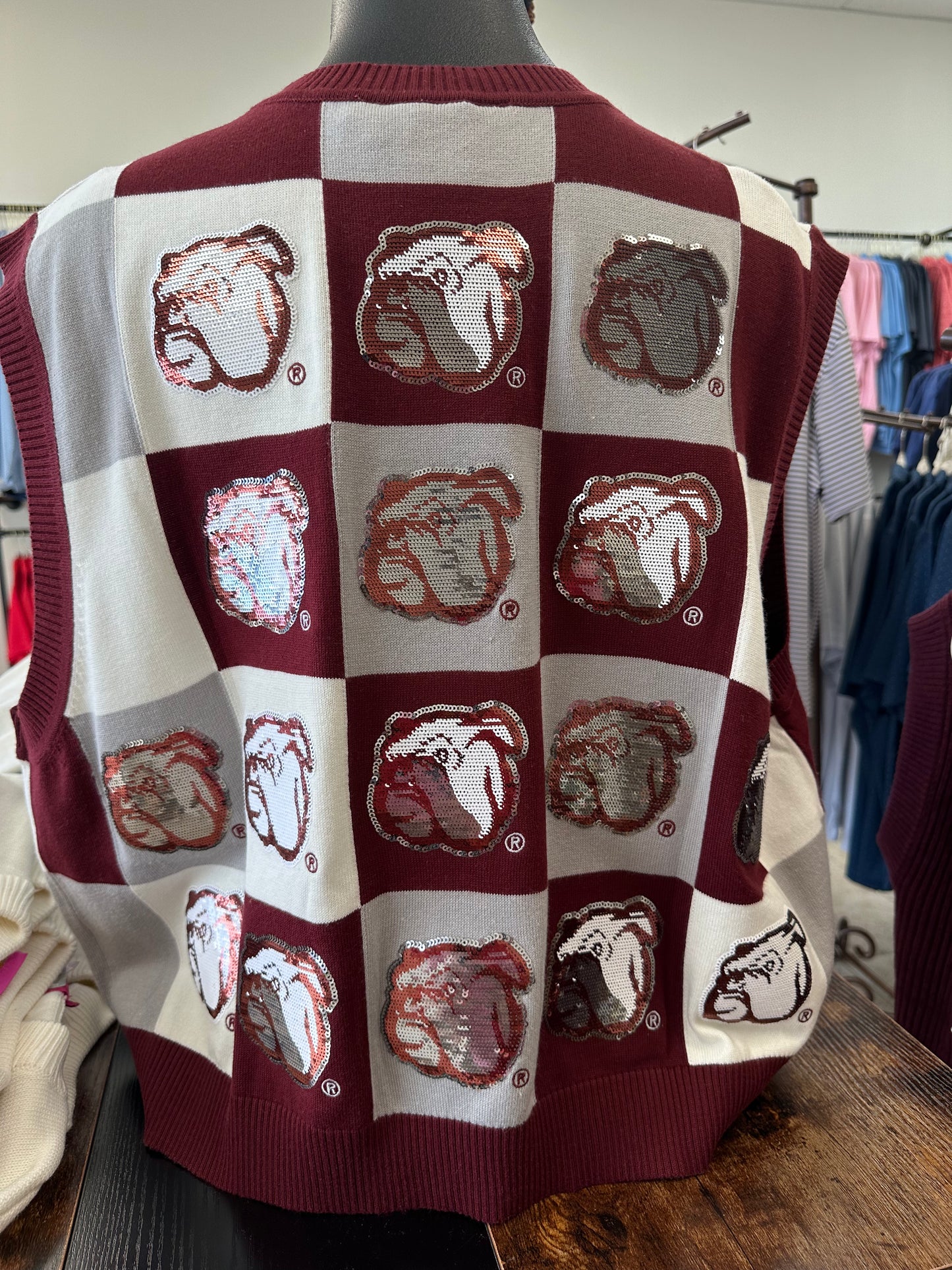 Queen of Sparkles Maroon & Grey Checkered MS State Bulldog Tank