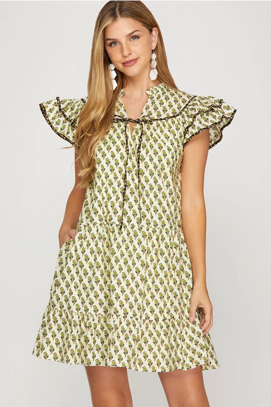 Cream Floral Ruffle Sleeve Dress