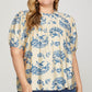 Curvy Cream/Blue Printed Top