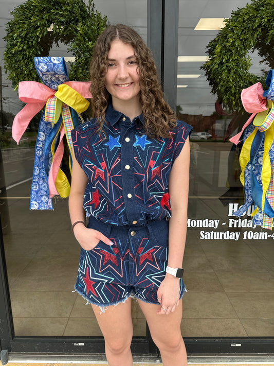 Queen of Sparkles Denim Groovy Star Romper