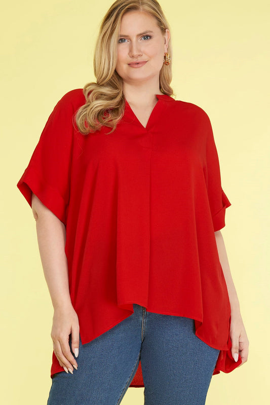 Curvy V-Neck Top - Red