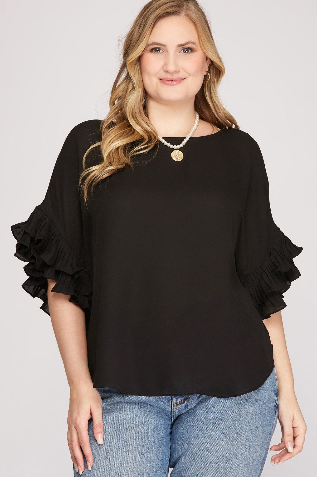 Curvy Ruffle Sleeve Top - Black