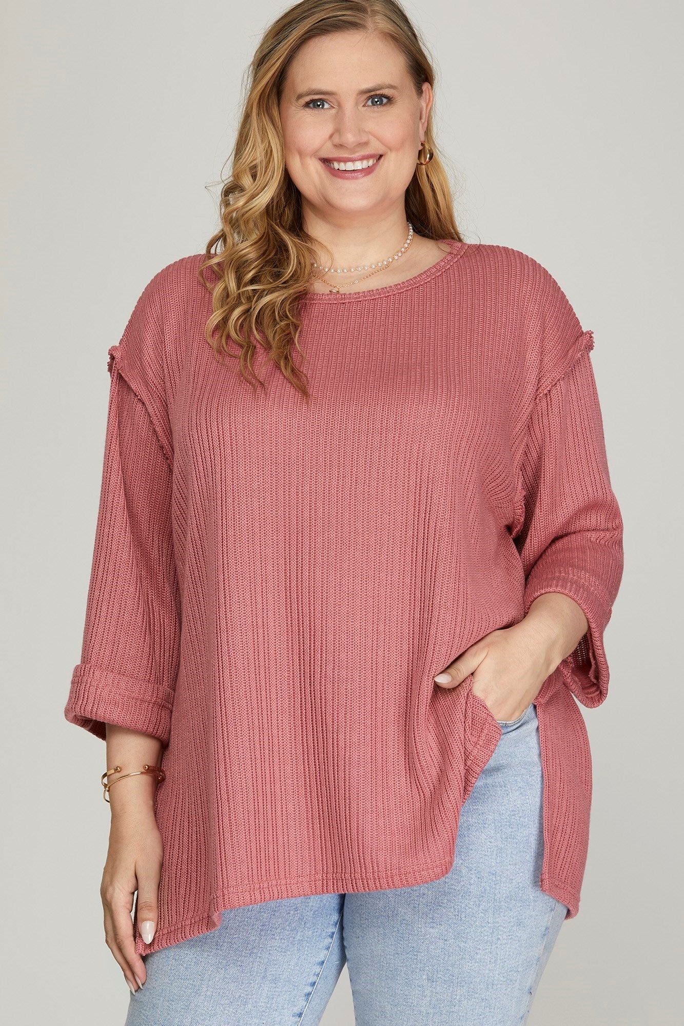 Curvy 3/4 Folded Sleeve Knit Top