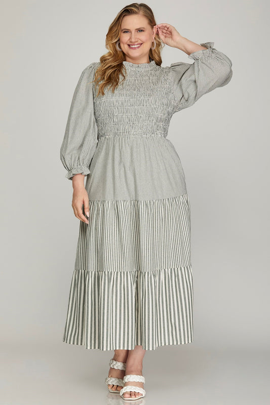Curvy Smocked Striped Tiered Midi Dress