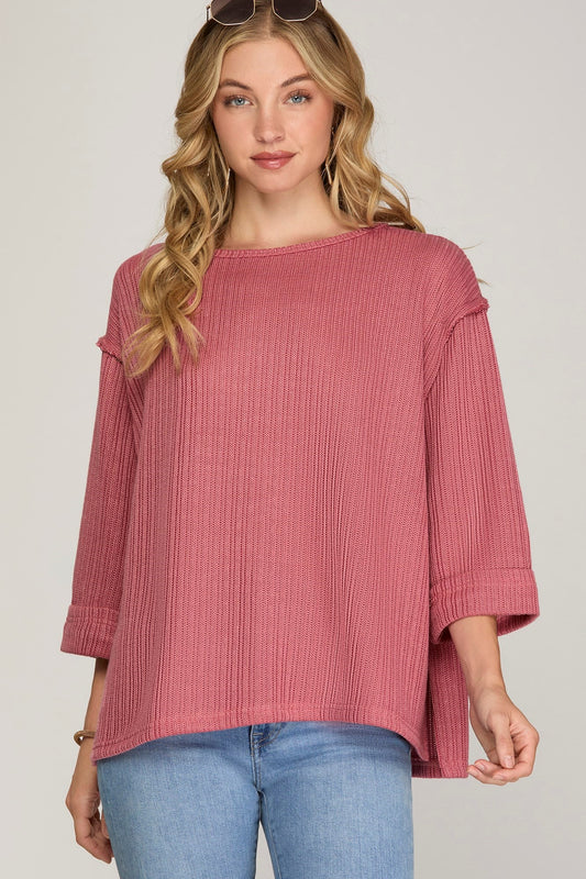 3/4 Folded Sleeve Knit Top